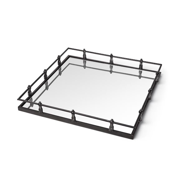 Homeroots Mirrored Glass Bottom & Railing Handle Tray with Natural Finish Metal, Silver - 376036