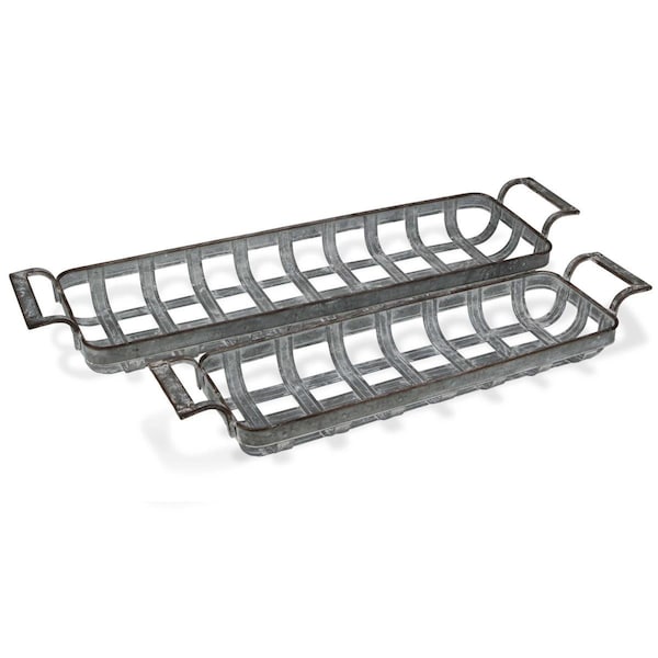 Homeroots 29 in. Rectangular Metal Handmade Tray with Handles, Gray - 483305