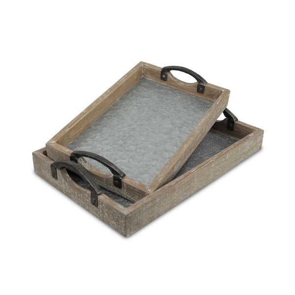 Homeroots 19 in. Rectangular Metal Handmade Tray with Handles, Gray - 483302