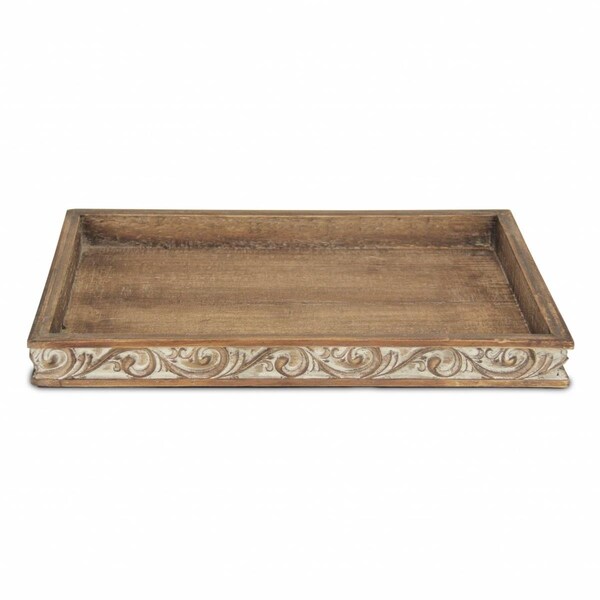 Bebida Distressed Finish Wood Tray with Side Carvings - BE3099610