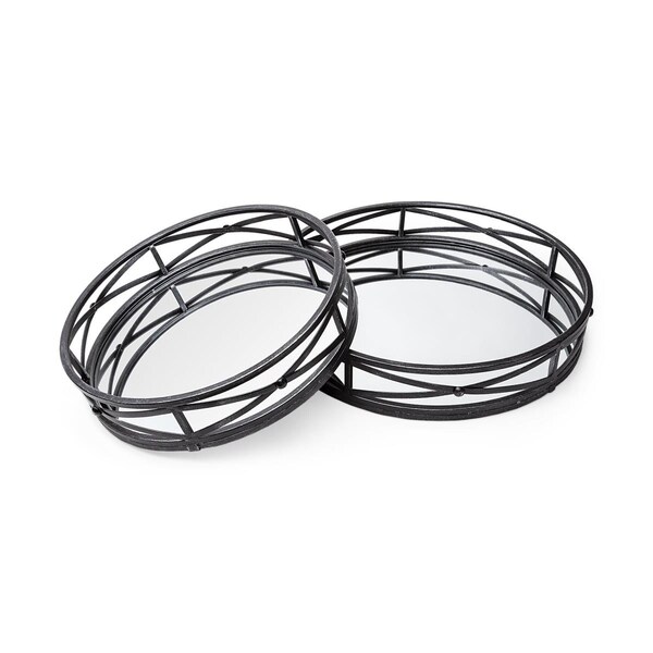 Tarifa Round Matte Black Metal with Mirrored Glass Bottom Trays, 2PK - TA3090677