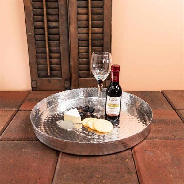 Tarifa Handcrafted 13 in. Hammered Stainless Steel Round Tray - TA3647694