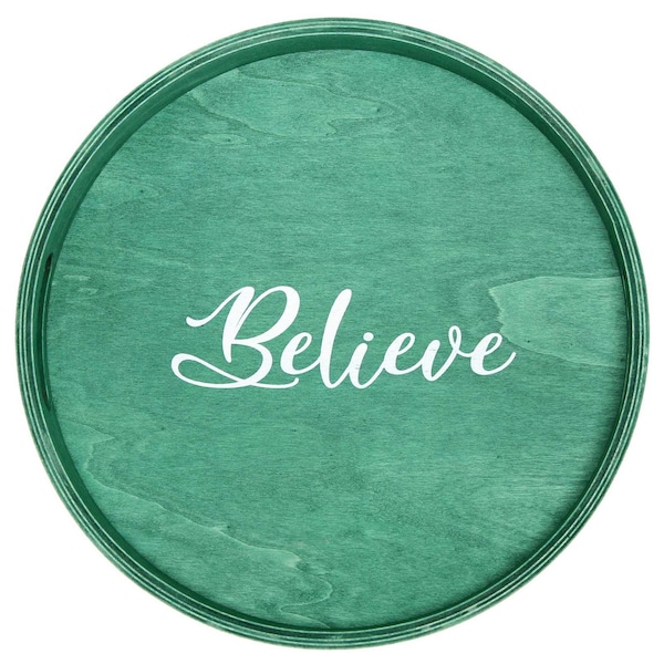 Elegant Designs "Believe" 13.75" Round Wood Serving Tray with Handles - HG2013-GBL