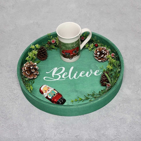 Elegant Designs "Believe" 13.75" Round Wood Serving Tray with Handles - HG2013-GBL