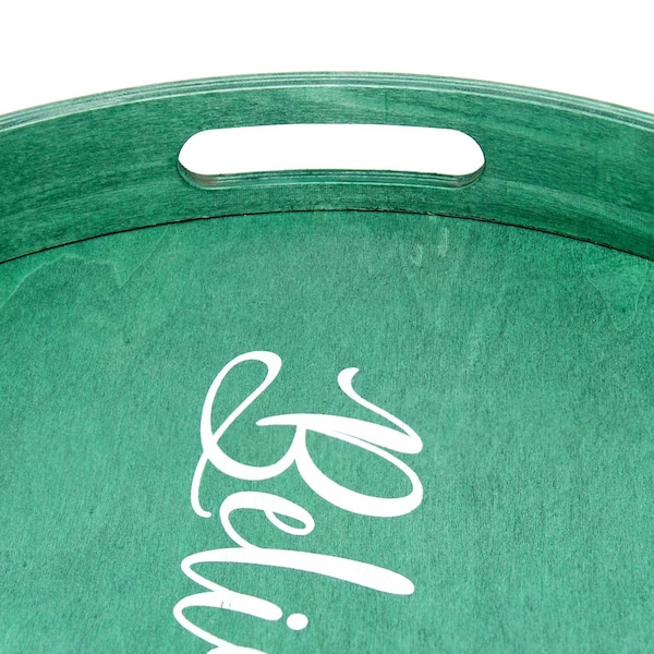 Elegant Designs "Believe" 13.75" Round Wood Serving Tray with Handles - HG2013-GBL