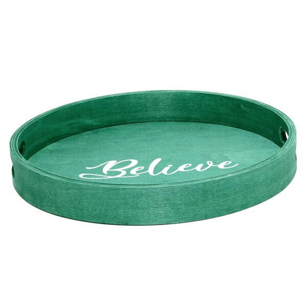 Elegant Designs "Believe" 13.75" Round Wood Serving Tray with Handles - HG2013-GBL