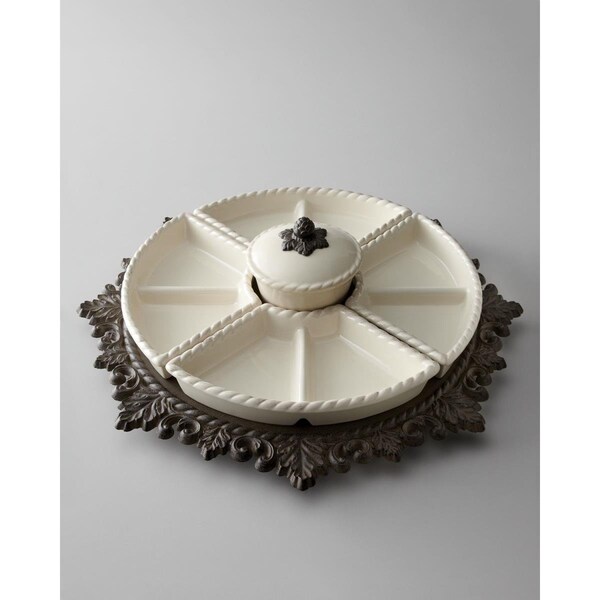 The Gerson Companies Gerson  Cream Ceramic Lazy Susan Crudite with Acanthus Leaf Metal Base - 92017