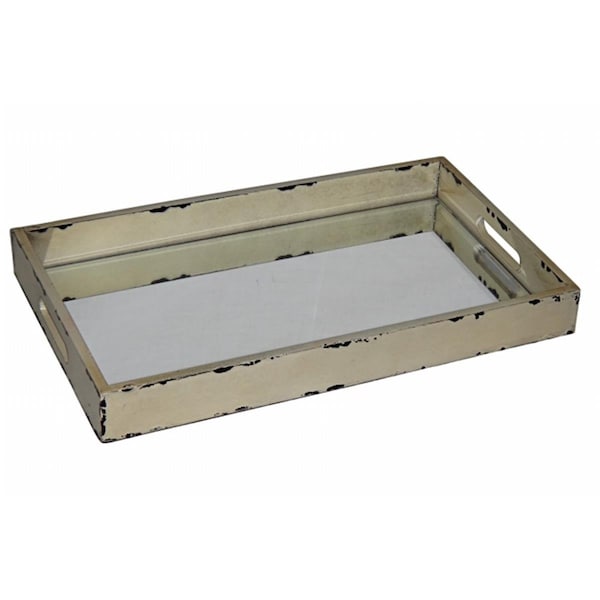 Cheungs Cheung's FP-3843W White distressed Wooden Tray with Bevelled Mirror - FP-3843W