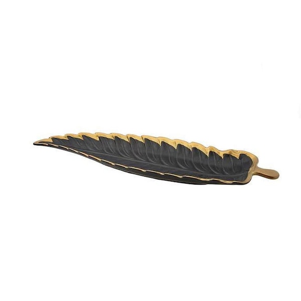 Classic Touch Decor Classic Touch  Black Porcelain Leaf Dish with Gold Rim - BPL531