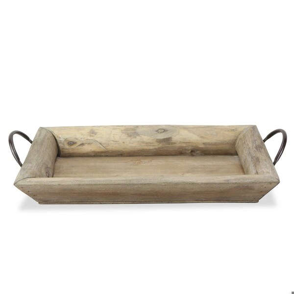 Homeroots Deep Wooden Tray with Metal Handles, Brown - 399606