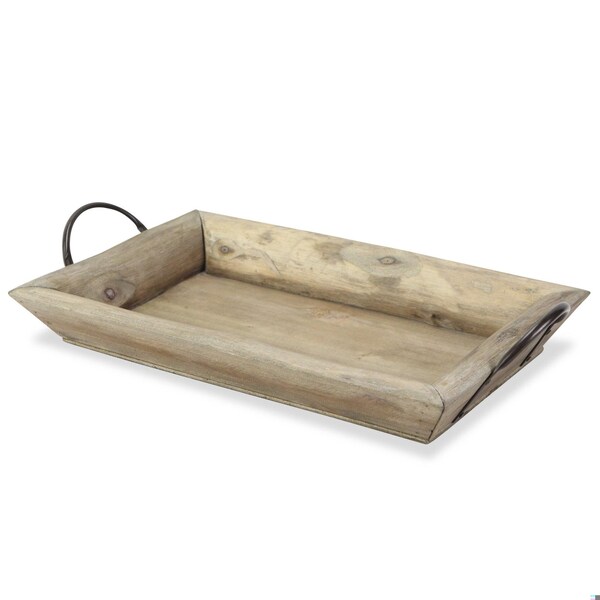 Homeroots Deep Wooden Tray with Metal Handles, Brown - 399606