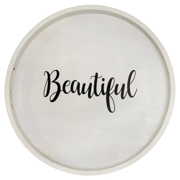 Elegant Designs "Beautiful" 13.75" Round Wood Serving Tray with Handles - HG2013-GYB