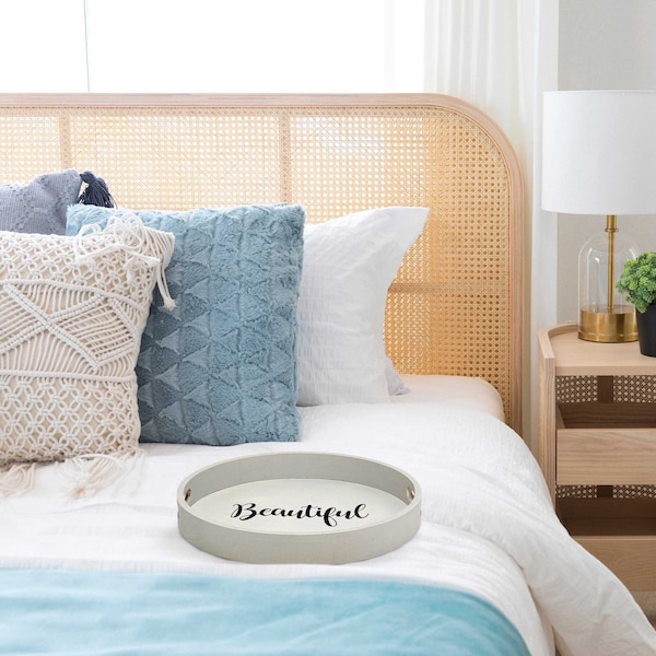 Elegant Designs "Beautiful" 13.75" Round Wood Serving Tray with Handles - HG2013-GYB