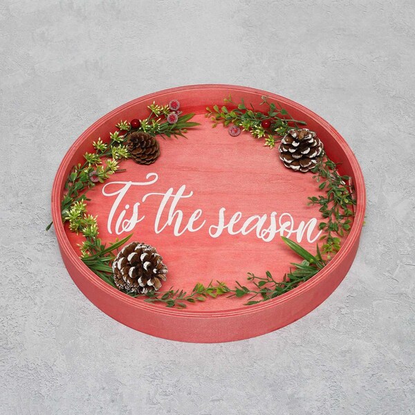 Elegant Designs "Tis the Season" 13.75" Round Wood Serving Tray with Handles - HG2013-RTS