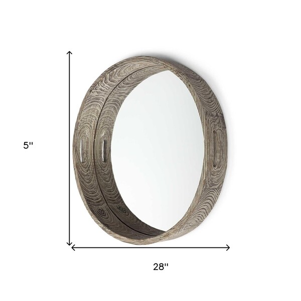 Homeroots 28 in. Round Natural Finish Fir Wood Mirrored Glass Bottom Tray - 376023