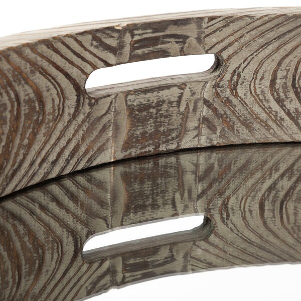 Homeroots 28 in. Round Natural Finish Fir Wood Mirrored Glass Bottom Tray - 376023
