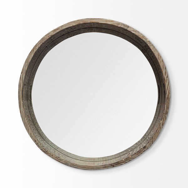 Homeroots 28 in. Round Natural Finish Fir Wood Mirrored Glass Bottom Tray - 376023