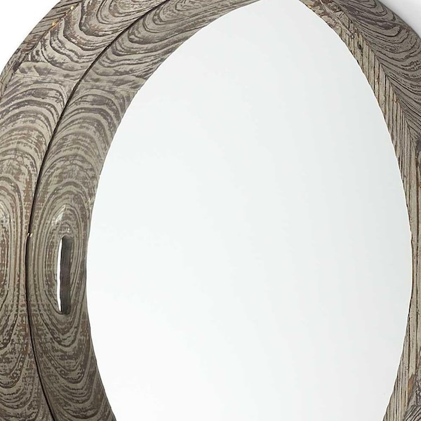 Homeroots 28 in. Round Natural Finish Fir Wood Mirrored Glass Bottom Tray - 376023