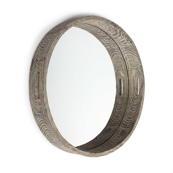 Homeroots 28 in. Round Natural Finish Fir Wood Mirrored Glass Bottom Tray - 376023