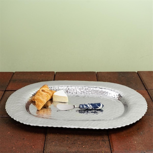 Tarifa 0.5 x 13 x 20 in. Traditional Scallop Oval Hammered Tray, Silver - TA3097090