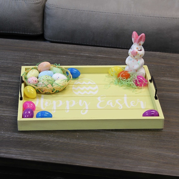Elegant Designs "Hoppy Easter" Wood Serving Tray with Handles, 15.50" x 12" - HG2000-YHE