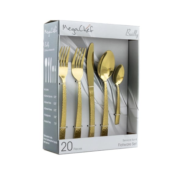 Megachef 20 Piece Baily Flatware Utensil Set with Stainless Steel Silverware Metal Service, Gold - MCFW-BAILY-GOLD
