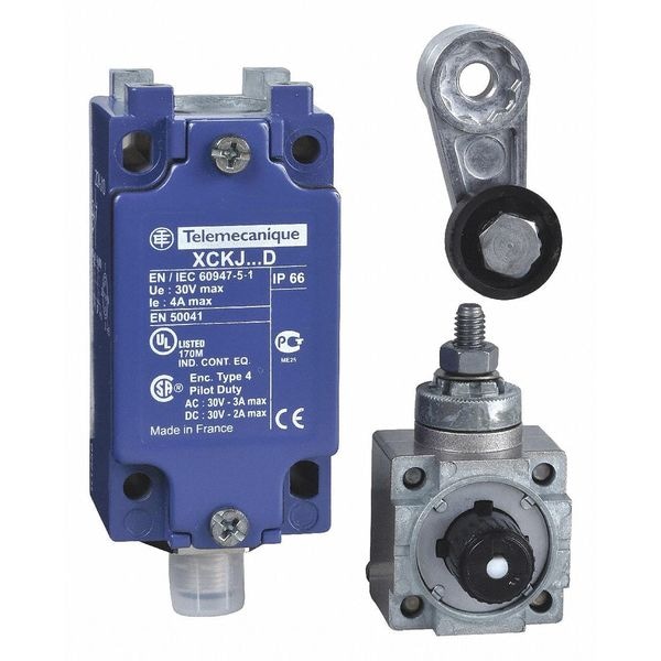 Interruptor de límite de servicio pesado Telemecanique Sensors, palanca de rodillo, rotativo, 1NC/1NO, 4A @ 240V AC, Ubicación del actuador: Lado - XCKJ10511D.