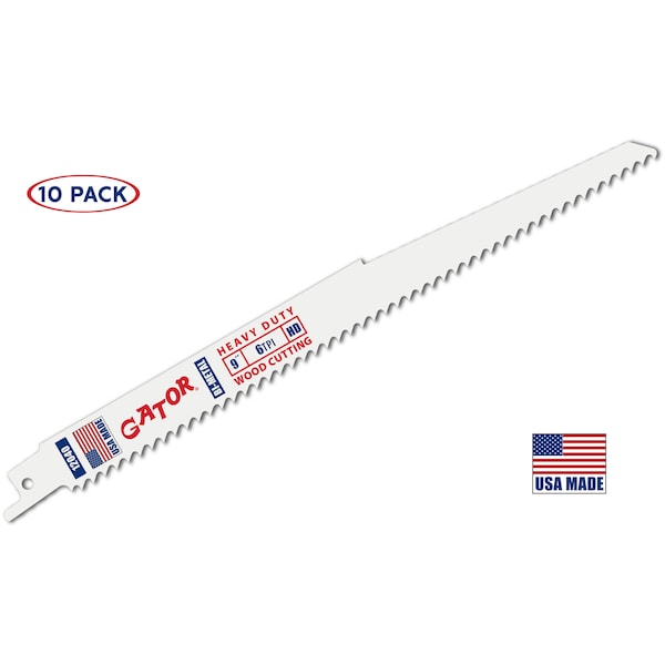 Gator Reciprocating Saw Blade 9 in. x 3/4 in. x 6tpi #12040-10, Heavy Duty Wood Cutting, 10PK - 12040-10