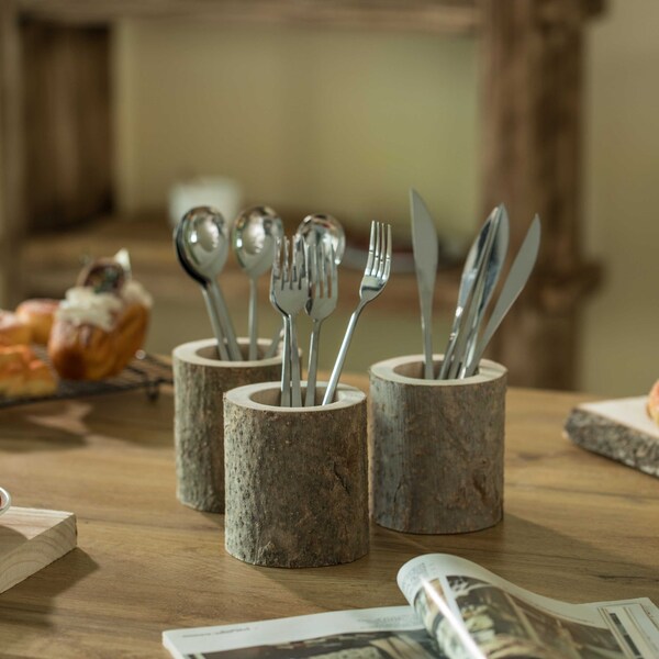 Vintiquewise Rustic Wooden Round Handcrafted Holder Organizer for Flatware Utensil and Supplies, PK 3 - QI004046.3