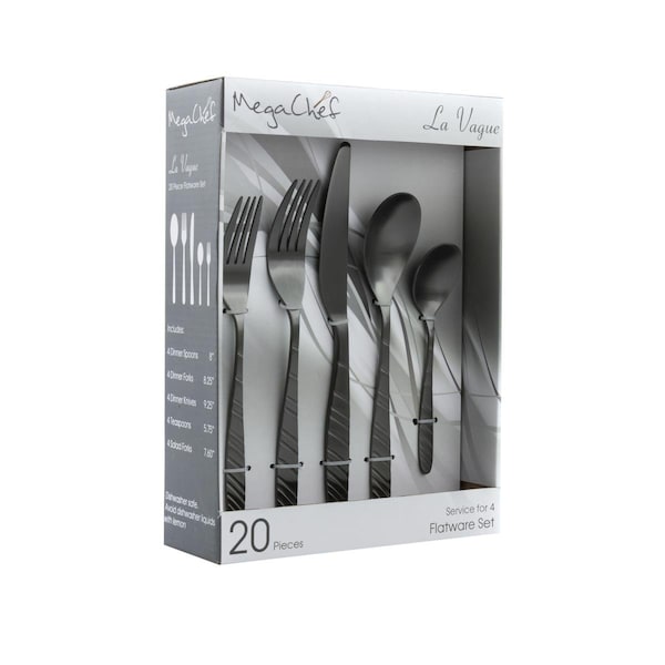 Megachef 4 in. La Vague Stainless Steel Silverware Metal Flatware Utensil Set - Matte Black, 20 Piece - MCFW-LA VAGUE-MATTEBLACK