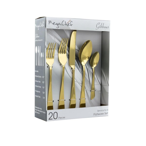 Megachef 4 in. Gibbous Flatware Utensil Set with Stainless Steel Silverware Metal Service - Gold - 20 Piece - MCFW-GIBBOUS-GOLD