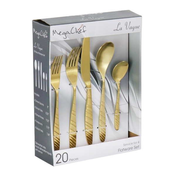 Megachef 4 in. Stainless Steel Silverware Metal Service Vague Flatware Utensil Set, Matte Gold - 20 Piece - MCFW-LA VAGUE-MATTEGOLD