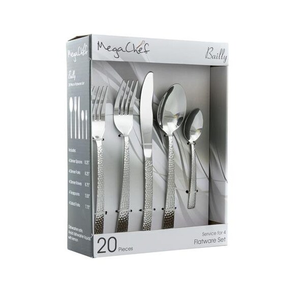 Megachef Megachef MCFW-BAILY-SILVER 4 in. Baily Flatware Utensil Set with Stainless Steel Silverware Metal Service - Silver - 20 Piece - MCFW-BAILY-SILVER