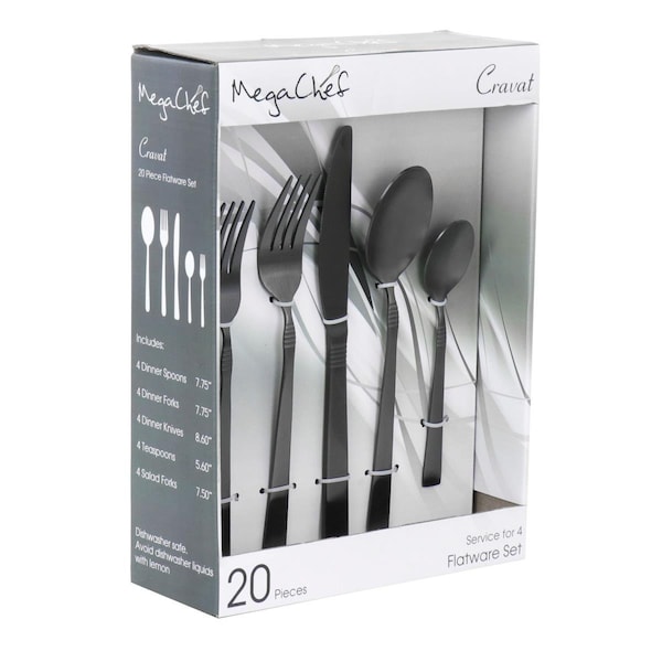 Megachef 4 in. Stainless Steel Silverware Metal Service Cravat Flatware Utensil Set, Matte Black - 20 Piece - MCFW-CRAVAT-MATTEBLACK