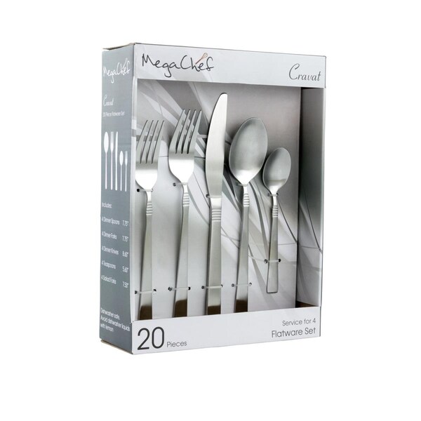 Megachef 20 Piece Cravat Flatware Utensil Set with Stainless Steel Silverware Metal Service, Matte Silver - MCFW-CRAVAT-MATTESILVER