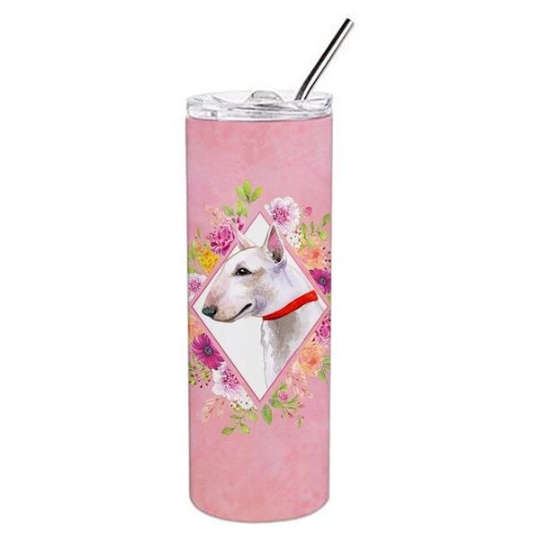 Carolines Treasures Carolines Treasures CK4124TBL20 20 oz Bull Terrier Pink Flowers Double Walled Stainless Steel Skinny Tumbler - CK4124TBL20