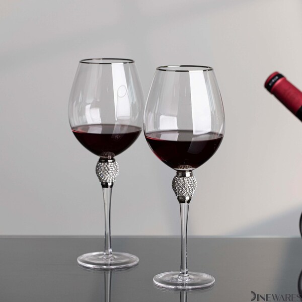Dinewares Set of 2 Silver-Rimmed Red Wine Glasses with Diamond Rhinestone Accent - 18 oz, 10 Inches Tall - - QI004758.SI.2