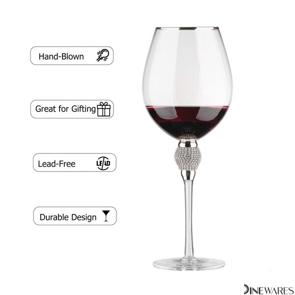 Dinewares Set of 2 Silver-Rimmed Red Wine Glasses with Diamond Rhinestone Accent - 18 oz, 10 Inches Tall - - QI004758.SI.2