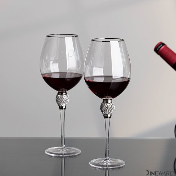 Dinewares Set of 2 Silver-Rimmed Red Wine Glasses with Diamond Rhinestone Accent - 18 oz, 10 Inches Tall - - QI004758.SI.2