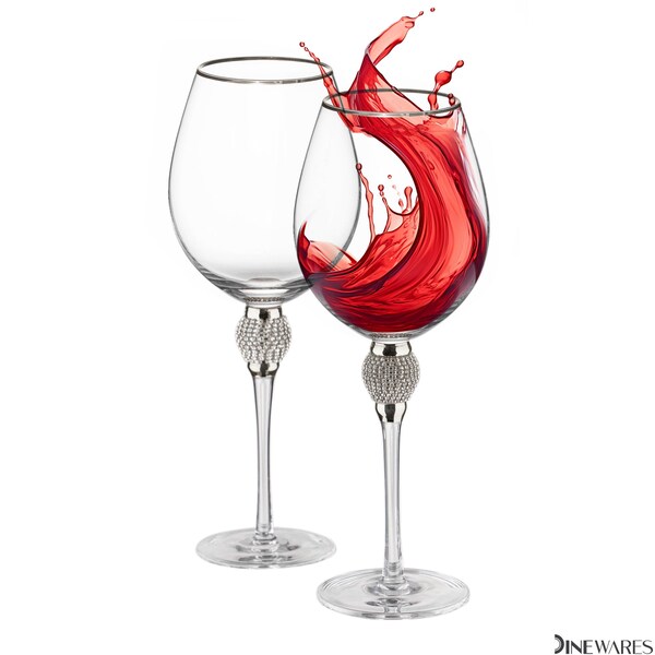 Dinewares Set of 2 Silver-Rimmed Red Wine Glasses with Diamond Rhinestone Accent - 18 oz, 10 Inches Tall - - QI004758.SI.2