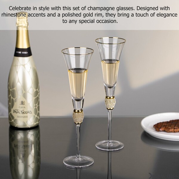 Dinewares 2 Piece Elegant Crystal Set Wedding Champagne Glasses with Diamond Rhinestone Accents and a - QI004759.GD.2