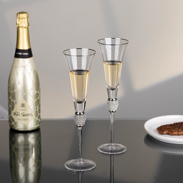 Dinewares 2 Piece Elegant Crystal Set Wedding Champagne Glasses with Diamond Rhinestone Accents and a - QI004759.SI.2