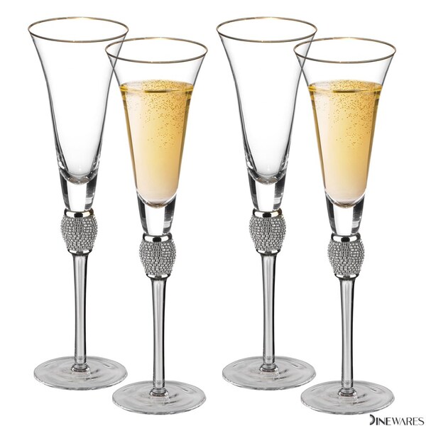 Dinewares 4 Piece Elegant Crystal Set Wedding Champagne Glasses with Diamond Rhinestone Accents and a - QI004759.SI.4