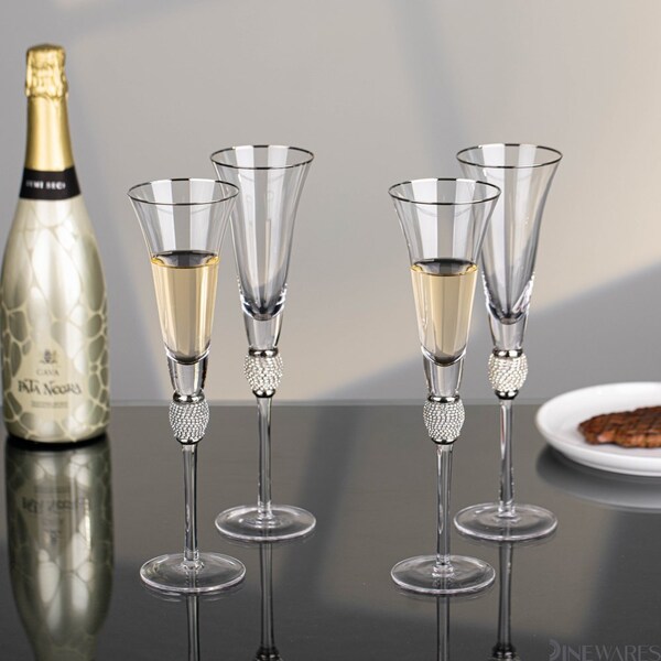 Dinewares 4 Piece Elegant Crystal Set Wedding Champagne Glasses with Diamond Rhinestone Accents and a - QI004759.SI.4
