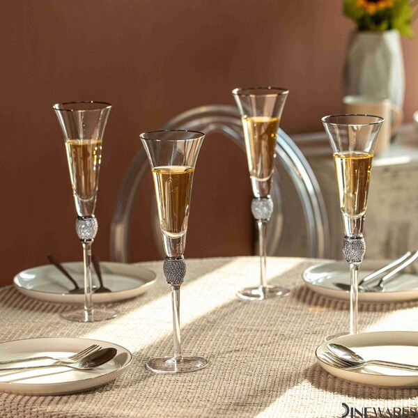 Dinewares 4 Piece Elegant Crystal Set Wedding Champagne Glasses with Diamond Rhinestone Accents and a - QI004759.SI.4