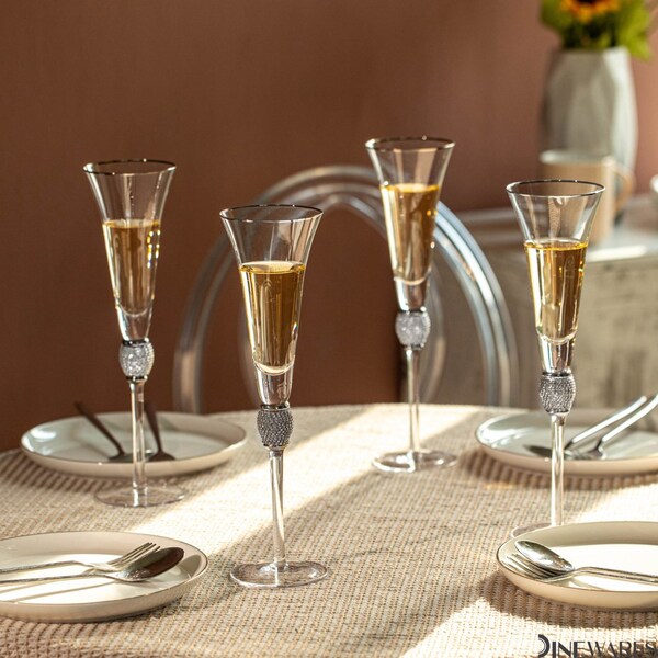 Dinewares 4 Piece Elegant Crystal Set Wedding Champagne Glasses with Diamond Rhinestone Accents and a - QI004759.SI.4