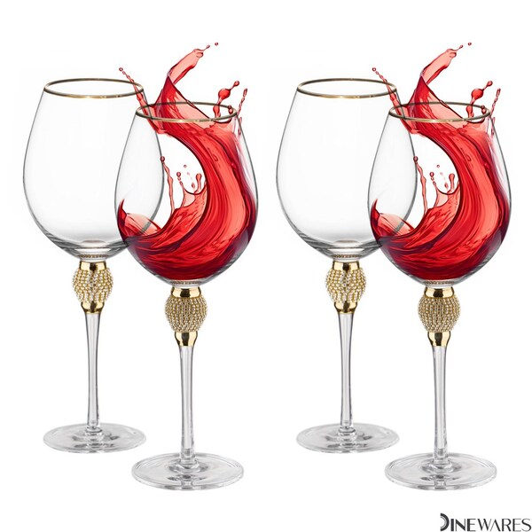 Dinewares Set of 4 Gold-Rimmed Red Wine Glasses with Diamond Rhinestone Accent - 18 oz, 10 Inches Tall - - QI004758.GD.4