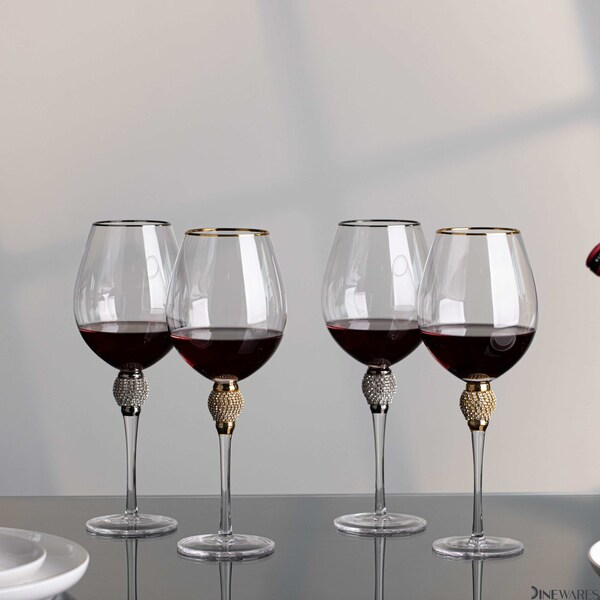 Dinewares Set of 4 Gold-Rimmed Red Wine Glasses with Diamond Rhinestone Accent - 18 oz, 10 Inches Tall - - QI004758.GD.4