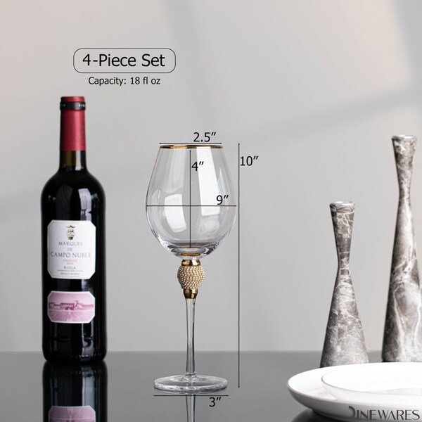 Dinewares Set of 4 Gold-Rimmed Red Wine Glasses with Diamond Rhinestone Accent - 18 oz, 10 Inches Tall - - QI004758.GD.4