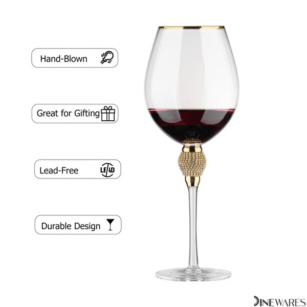 Dinewares Set of 4 Gold-Rimmed Red Wine Glasses with Diamond Rhinestone Accent - 18 oz, 10 Inches Tall - - QI004758.GD.4